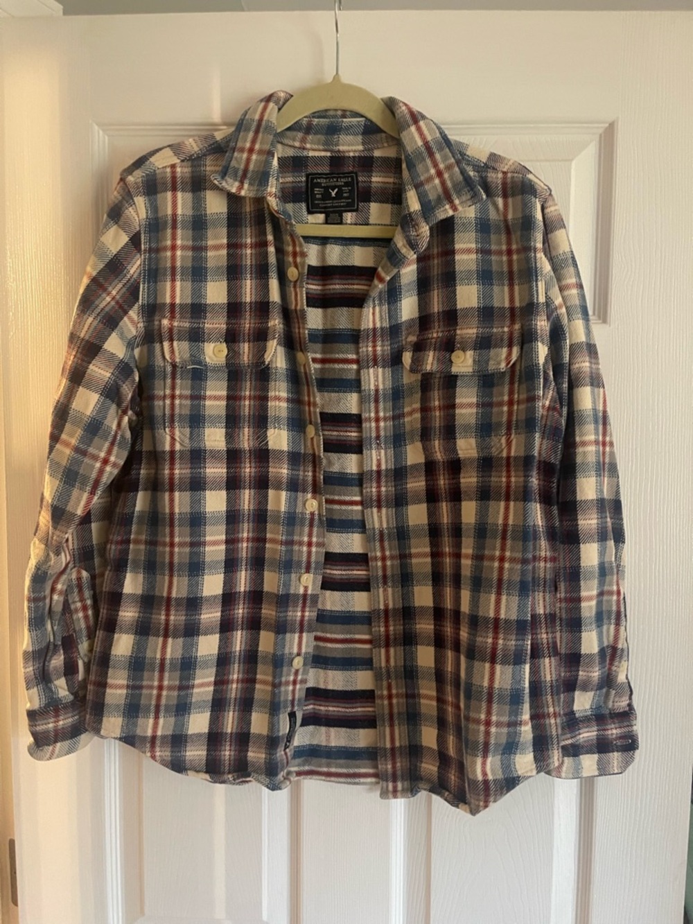 American Eagle Outfitters Blue, Cream & Red Plaid Flannel Shirt